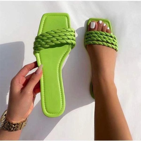 

slippers women weave summer fashion square head 2021 luxury one word flat shoes soft and comfortable sole sandales femmes Ã©tÃ©, Black