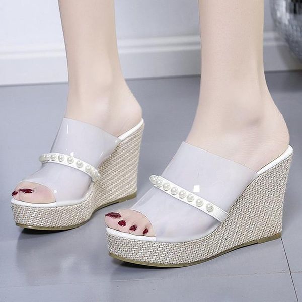 

dress shoes summer women thick sole sandals platform wedge heel pearl string beads transparent pvc upper elegant fashion ladies female, Black