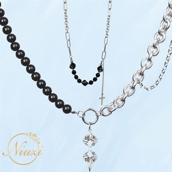 

chains korea fashion women men's chain necklace vintage simple black beads dice cross pendants necklaces female stainless steel jewelry, Silver