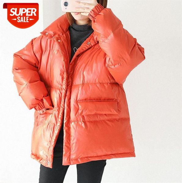 

940338 stand-up collar bright face big flap pockets loose bread jacket short warm down #u12w, Black