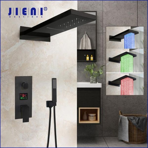 

chrome polished bathroom shower faucet wall mount rainfall head 3 functions digital display mixer set sets