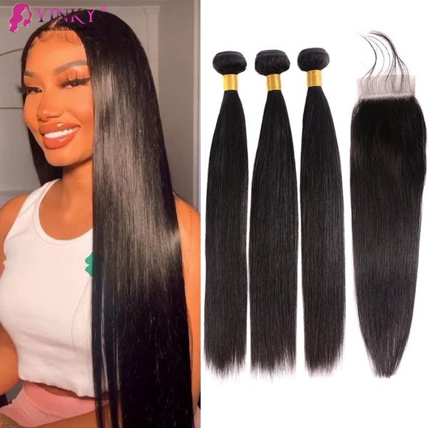 

human hair bulks brazilian straight bundles with closure 3 extensions, Black