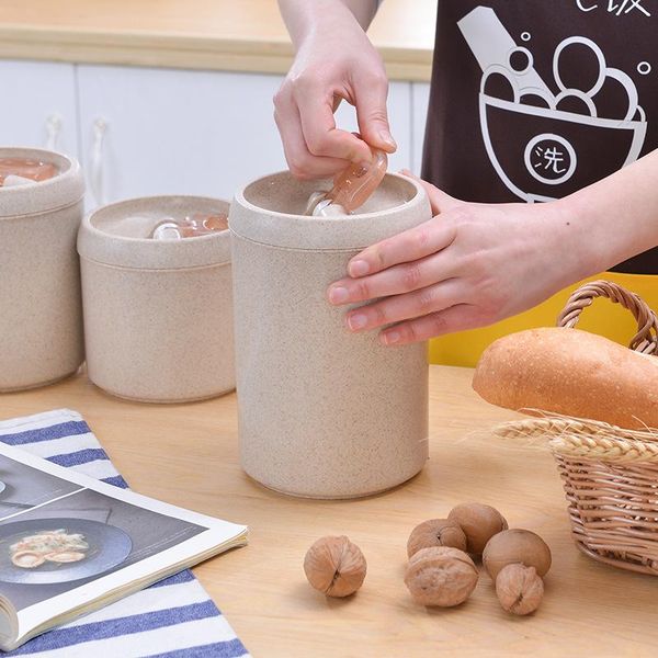 

storage bottles & jars kitchen food tank, wheat straw covered plastic airtight whole grain box, multi-function tank