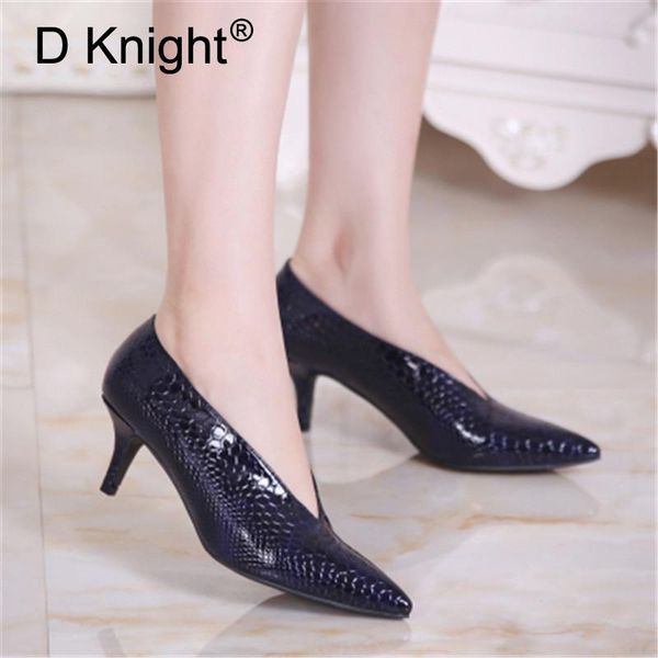 

dress shoes small heels pumps women pointed toe v-mouth thick office lady work patent leather stilettos single, Black