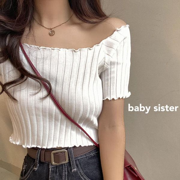 

women's t-shirt 2021 women fashion clothing kawaii solid color one-shoulder short-sleeved bottoming sweater, White