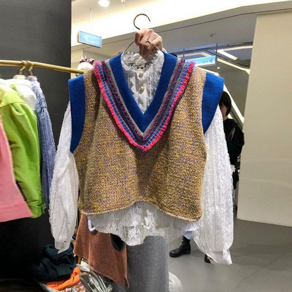 

women's vests knitting sweater vest women sleeveless duffle v-neck short spring korean fashion waistcoat, Black;white