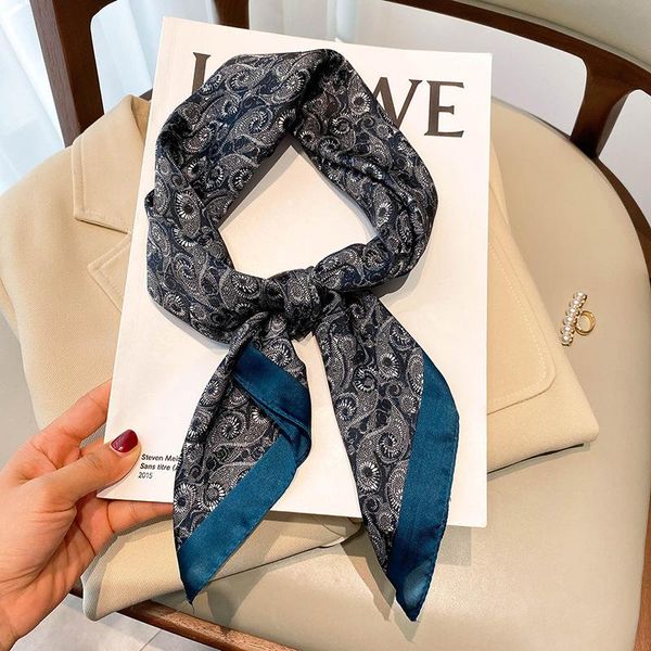 

scarves 2021 ethnic style 70x70cm silk female small square towel autumn dustproof kerchief korean print shawls, Blue;gray