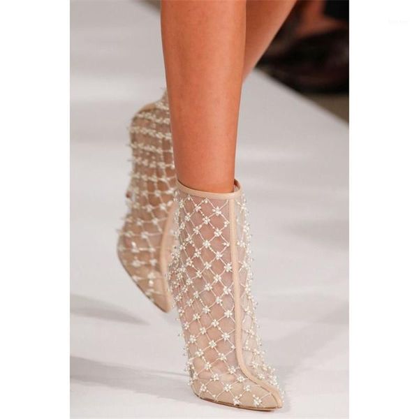 

boots women ankle lace crystal pearl studded short luxury lady pointed toe high heels boot runway wedding shoes1, Black