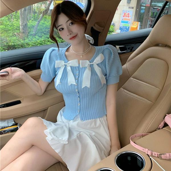 

women's blouses & shirts summer slim knit sweater, short-sleeved blouse inside, thin short bottoming shirt, White