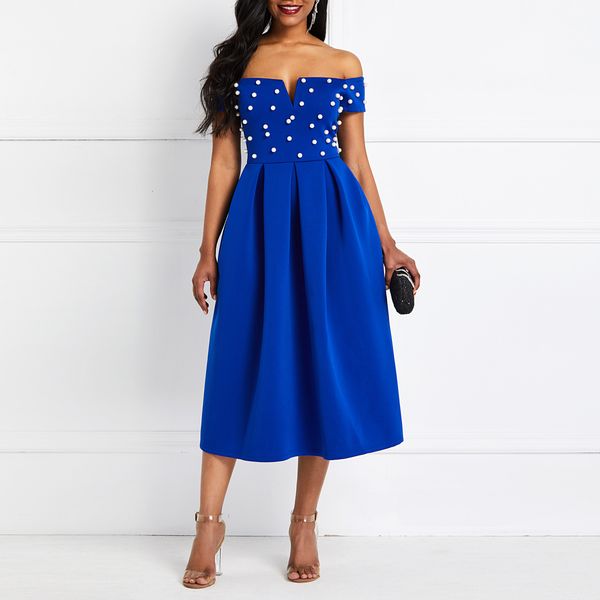 

Sexy Off Shoulder Blue Elegant Evening Party Dress Women Beading Plus Size 4XL Club Midi Vestido Female African Fashion Autumn