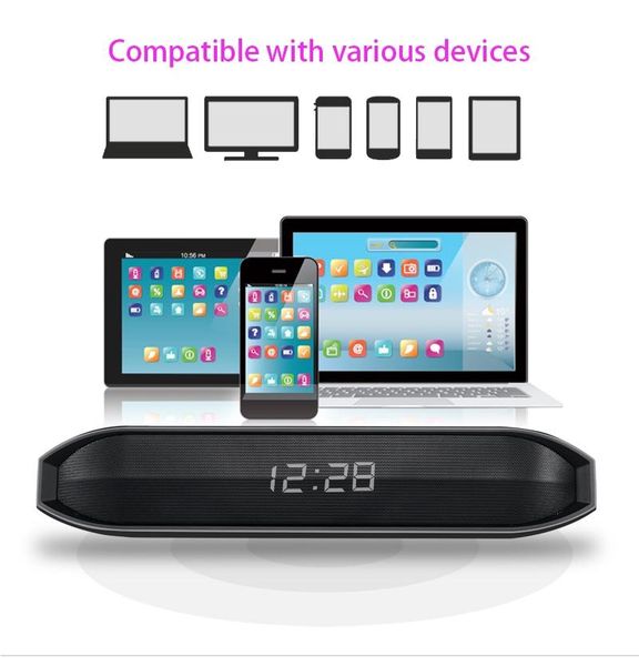 

portable soundbar wireless speaker clock function subwoofer home theater bluetooth stereo computer music player speakers