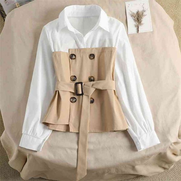 

neploe autumn fake two pieces women shirt double breasted sashes slim korean blouse patchwork pullover blusas 210401, White