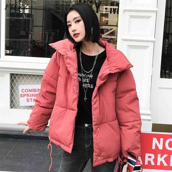 

winter women stand collar bread cotton coat casual female loose fit warm snow short parkas fashion solid color outwear 210430, Black