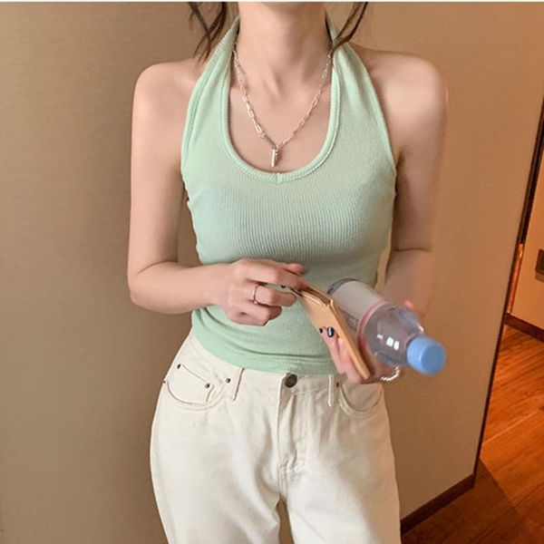 

women's tanks & camis 5 soild colors korean style camisole women short tank female summer 2021 sleeveless halter crop womens (, White