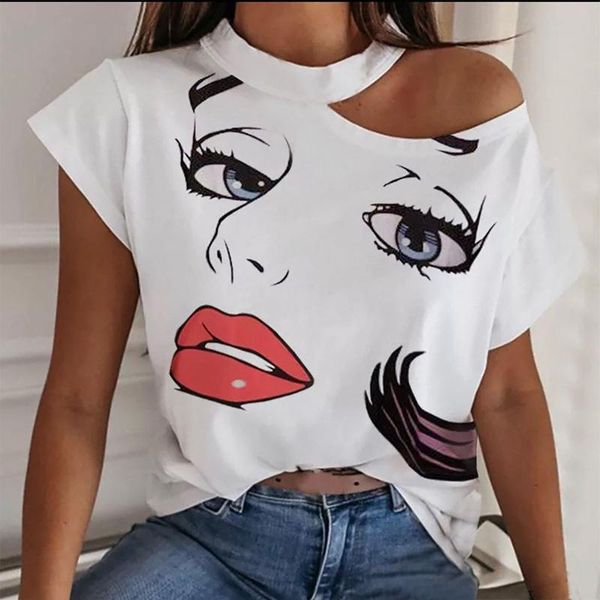 

women's t-shirt young girl women summer streetwear casual face printing round neck bare shoulder short sleeve tunic t shirt wholesale, White