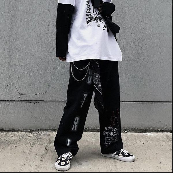

oversized mall goth grunge women pant aesthetic punk wide leg streetwear graffiti high waist trousers, Black;white