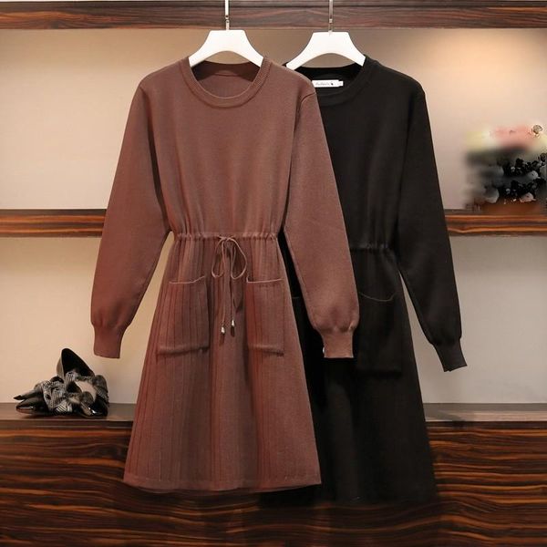 

casual dresses elegant plus size knitted women sweater dress drawstring pleated ladies korean long sleeve winter vestidos, Black;gray