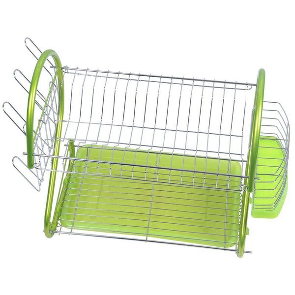 

kitchen storage & organization -iron 2 tiers dish cup drying rack drainer (color:green)