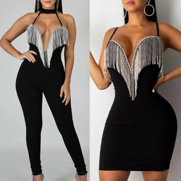 

fashion v neck women rompers halter strappy bodycon short mini party jumper romper tassels jumpsuits woman clubwear, Black;white