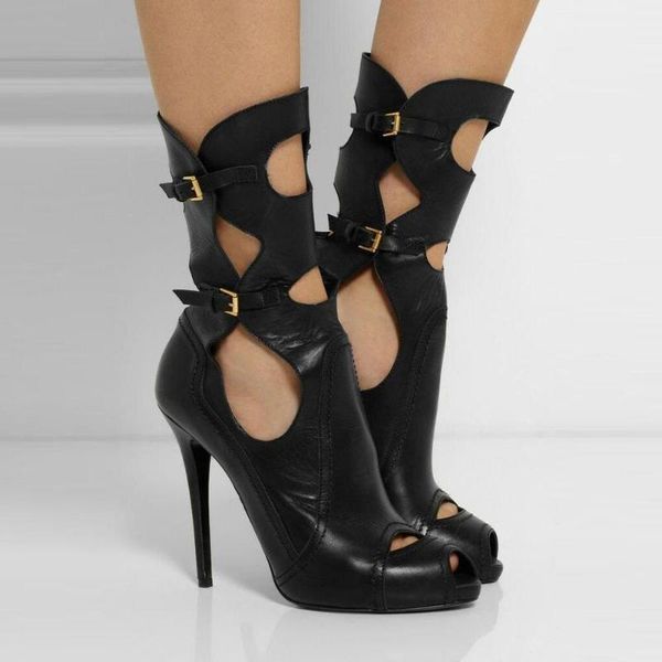 

boots original intention women ankle fashion hollowed-out peep toe thin high heels black shoes woman plus size 5-15