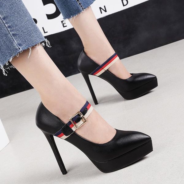 

dress shoes women pumps spring autumn shallow pointed toe buckle 13cm flock high heels platform ladies, Black