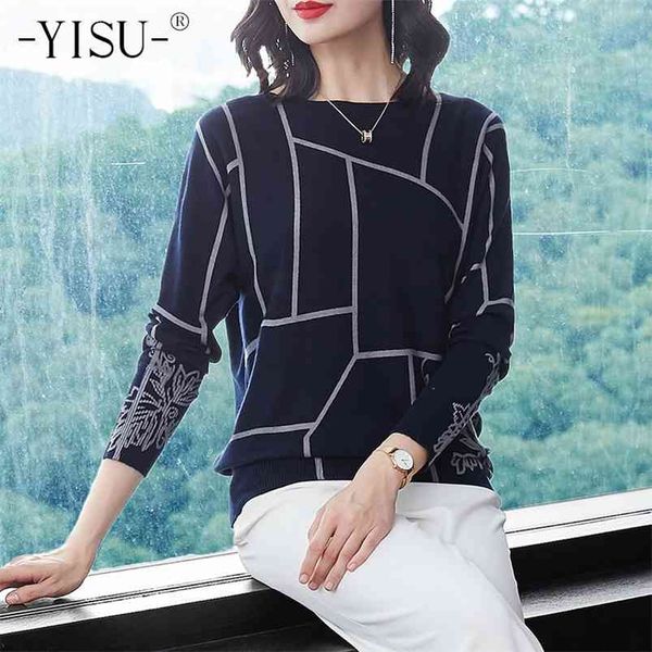 

yisu fashion women geometry print sweater long sleeve jumpers knitwear autumn winter pullovers knitted sweaters 210805, White;black