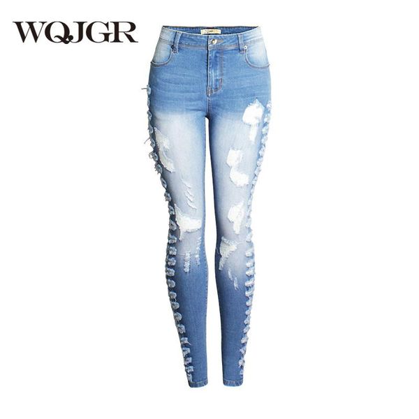 

holes jeans womens summer 2021 fashion all-match casual jean elastic force denim skinny trousers women streetwear plus size women's, Blue