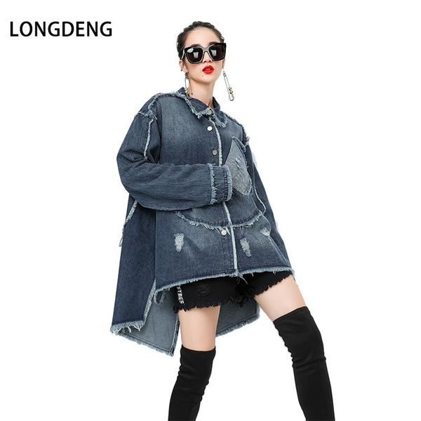 

women's trench coats [longdeng] 2021 fashion single breasted irregular hem long female autumn streetwear denim women plus size 180311, Tan;black