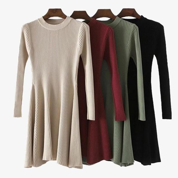 

casual dresses women leisure o neck long sleeve large swing irregular hem a-lined slim based mini ribbed dress, Black;gray