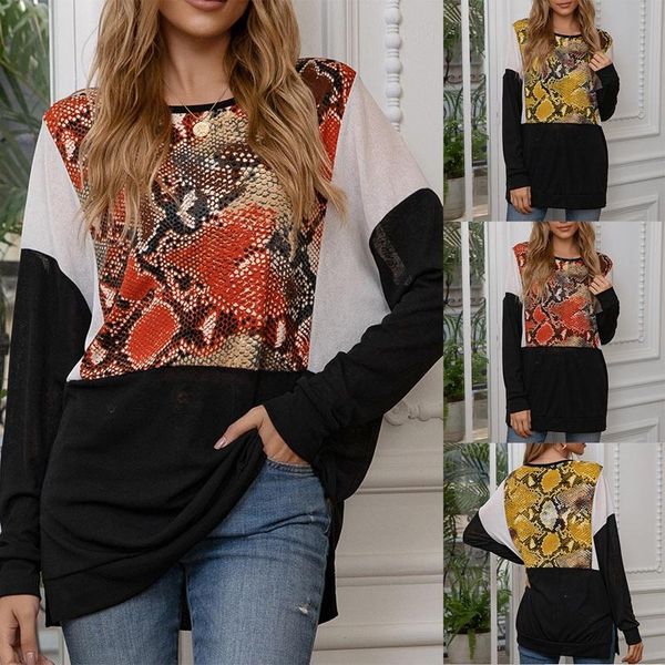 

snakeskin pattern stitching casual o-neck loose long-sleeved t-shirt women's, White