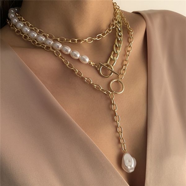 

retro ot buckle imitation pearl splice chains water drop circle tassel necklaces women multi layer business suit dress link chain jewelry ac, Silver