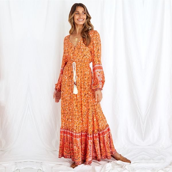 

women orange bell floral print dress holiday adjust tassel bandage lacing up waist long sleeve long dresses holiday a588 210416, White;black