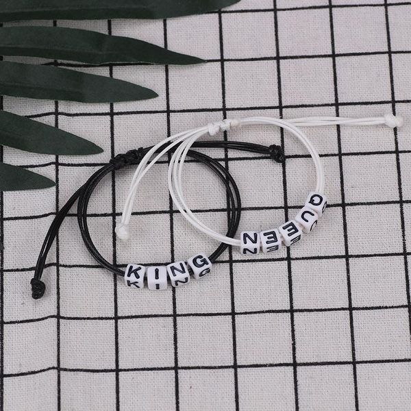

charm bracelets black white leather bracelet for couple king queen square lettering pendant adjustable romantic jewelry gift drop, Golden;silver