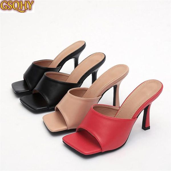 

summer women sandals square toe ladies heel mules thin high heels slippers female fashion woman shoes, Black