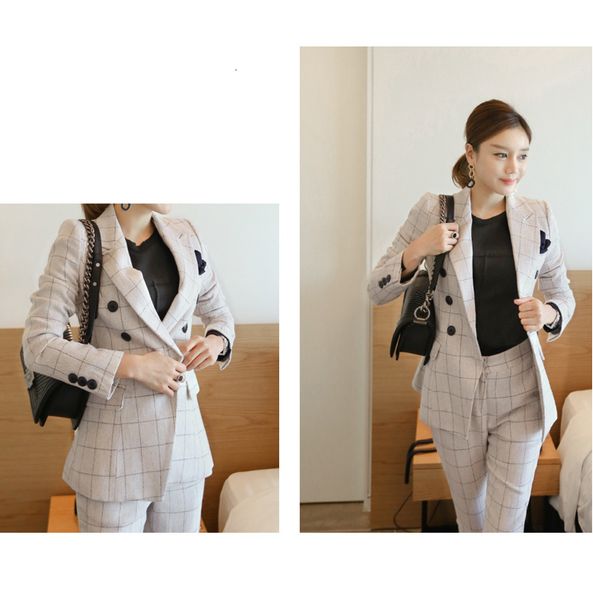 

women's two piece pants office lady pieces plaid elegant double breasted turn-down collar blazers full length trousers suit sbez, White