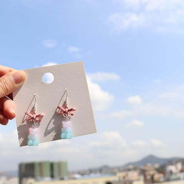 

dangle & chandelier spring pink blue gradient cute bear gummy ear hooks japanese girl bow knot small earrings clip jewelry female, Silver
