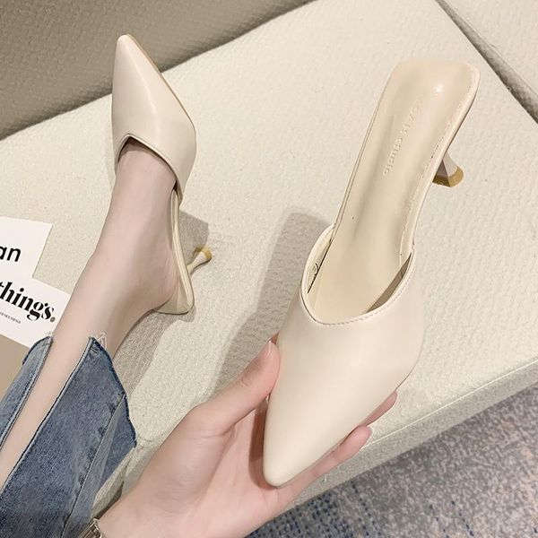 

slippers baotou half women outdoor summer pointed toe shallow mouth stiletto high heels slides casual mules shoes elegant beige, Black