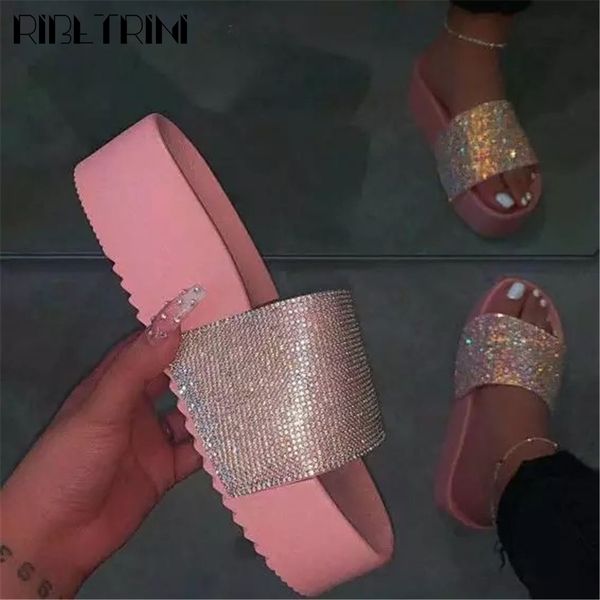 

sandals cool shining flat platform shoes ins rhinestone women summer daily casual slip-on slides, Black