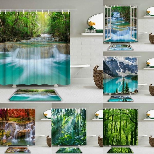 

shower curtains 2pcs/set forest landscape bathroom curtain set waterproof fabric with hooks and non-slip rug toilet bath mat