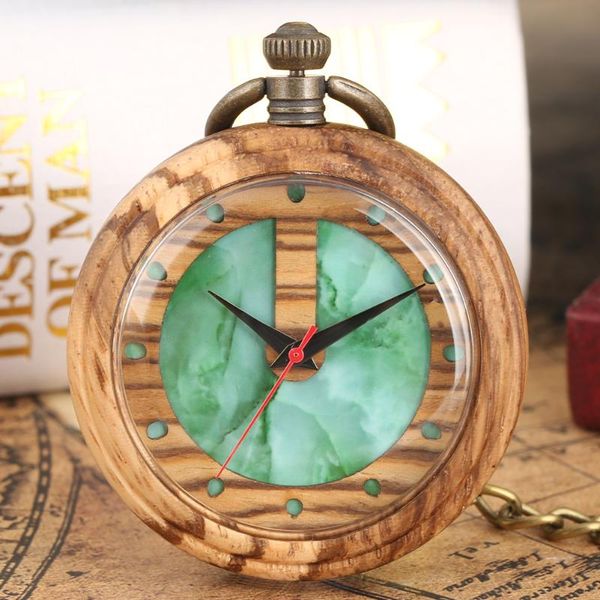

pocket watches green marble pattern wooden quartz watch with bronze chain retro pendant timepiece gifts male, Slivery;golden