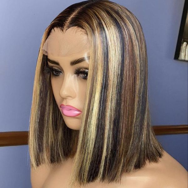 

lace wigs 13x4 front human hair short bob wig highlight straight glueless brazilian ombre pre plucked virgin for black women colored, Black;brown