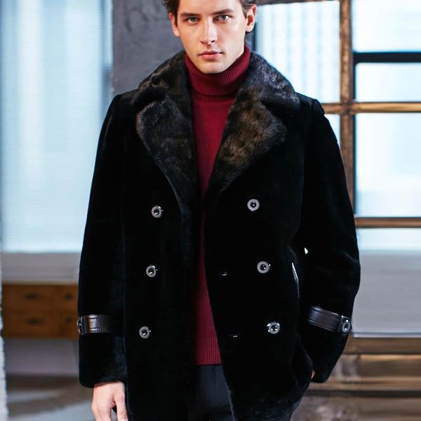 

business men winter work luxury raccoon fur collar slim fit real jacket warm lamb wool coat chaqueta cuero hombre plus size men's leath, Black