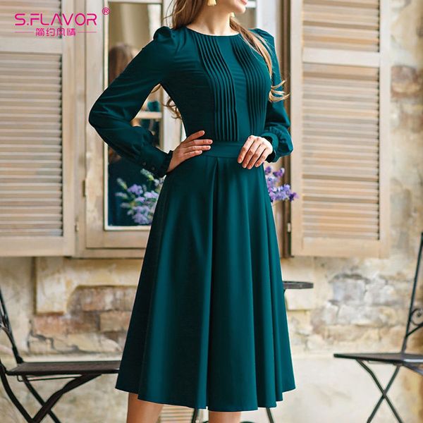 

2021s.flavor women vintage solid color summer dress elegant green long sleeve pleated midi vestidos 2021 vintage women casual dress, Black;gray