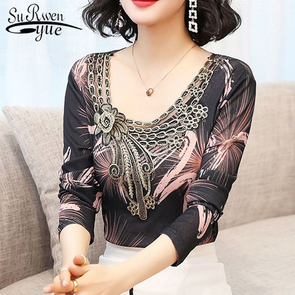 

womens and blouses spring women long sleeve shirts embroidery floral o-neck black blusas plus size 8367 50 210427, White