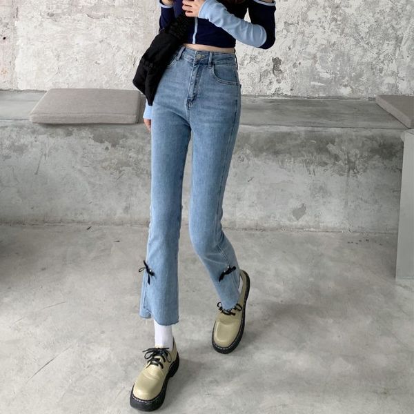 

women's jeans mom ladies summer retro high-waisted boot-style with design sense straight cropped trousers, Blue