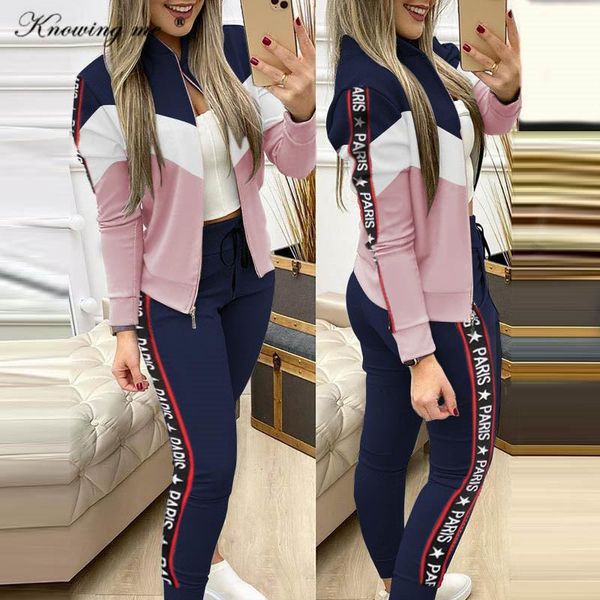 

women's two piece pants women colorblock zipper coat +long pant tracksuit set lady autumn slim suits leopard stand collar stitching lon, White