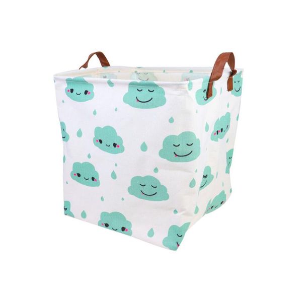 

foldable cotton linen sundries container cartoon dirty clothes bucket waterproof laundry hamper with handle (green cloud) bags