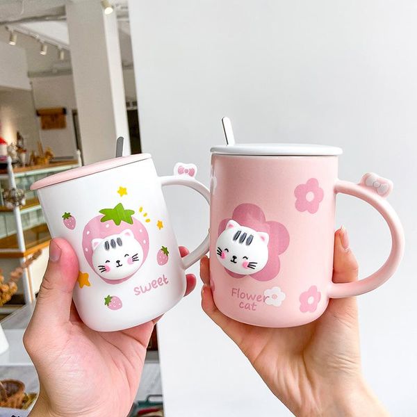

korean cute cat coffee mug 3d creative ceramic cup milk breakfast mugs with lid spoon ladies office handgrip