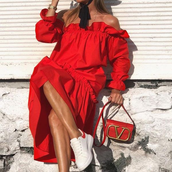 

casual dresses women one-shoulder ruffles a-line irregular big swing summer fashion womens long dress, Black;gray