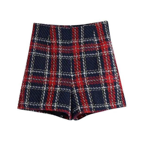 

women's shorts evfer autumn winter fashion red plaid print woolen girls short pants 2021 women casual high waist zipper suit, White;black